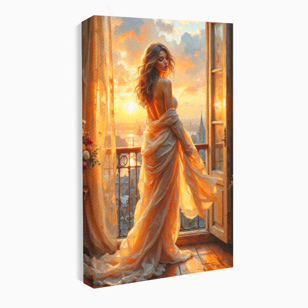 Tablou canvas cu tablou canvas cu femeie la fereastra, fara rama, pe sasiu de lemn